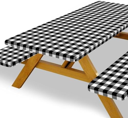 Picnic Table Cover with Bench Covers, Black and White Checkered Waterproof and Windproof, Fitted Tablecloth Cover with Elastic Edge, for Outdoor, Garden, Camping, 3 Pieces Set, 30x60 Inch - Image 2