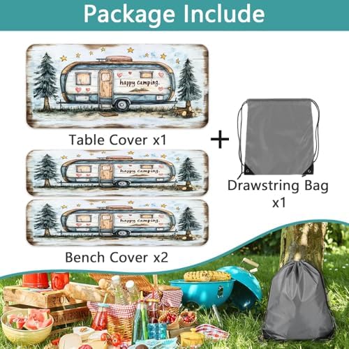 Picnic Table Cover with Bench Covers and Bag, Camping Essentials, Camper Forest Wooden Grain Outdoor Table Covers, Waterproof Windproof, Fitted Tablecloth Cover with Elastic Edge, 3 PCS, 30x60 Inch - Image 7