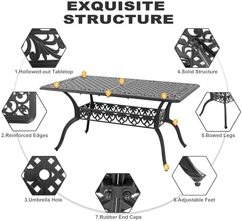 NUU GARDEN 60" Outdoor Dining Table with 2.09" Umbrella Hole, All Weather Cast Aluminum Outdoor Patio Table, 6-8 Person Rectangle Dining Table, Backyard Bistro Table for Garden, Poolside, Black - Image 5
