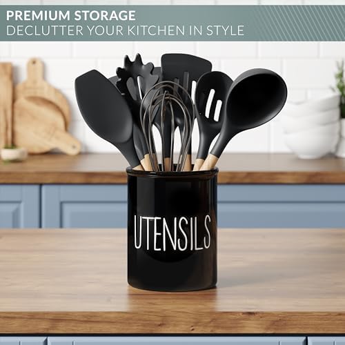 Barnyard Designs Ceramic Farmhouse Kitchen Utensil Holder 7" (Black) - Image 3