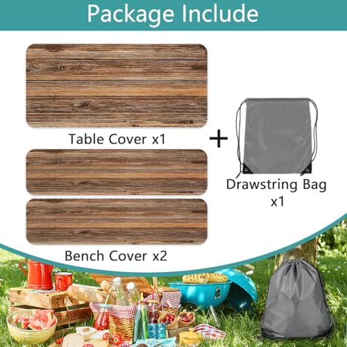Farmhouse Picnic Table Cover with Bench Covers Camping Essentials Brown Wood Grain Waterproof Windproof Camping Tablecloth Fitted Tablecloth Cover with Elastic Edge for Indoor Outdoor 3 PCS 30x96 Inch - Image 6