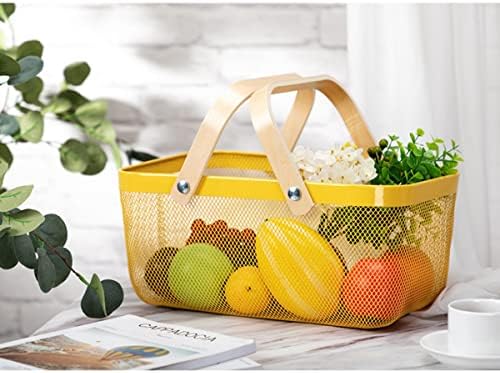 Mesh Steel Storage Organizer Basket Fruit Basket Bin with Wood Handle Ideal for Kitchen Bathroom Picnic Baskets Pantry Cabinets Storage Home Decor (Lemon Yellow) - Image 3