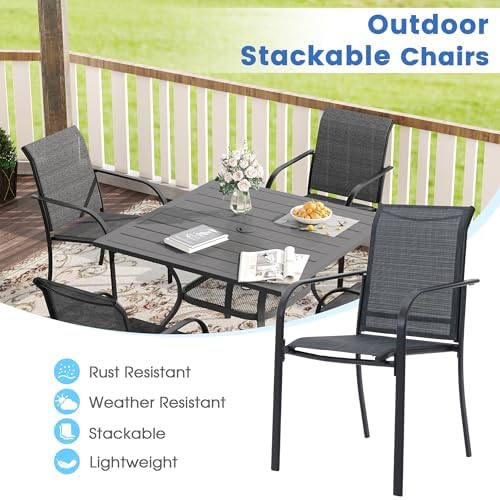 VICLLAX 5 Pieces Patio Dining Set, Outdoor Furniture Set Includes 41.2" Round Patio Table and 4 Patio Sling Chairs, Grey Wood-Like Tabletop and Dark Grey Fabric - Image 4