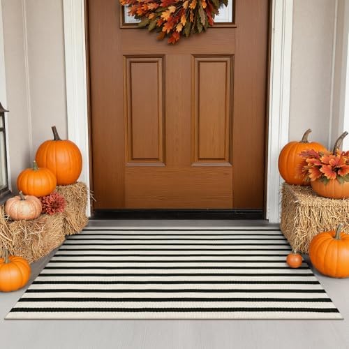Fall Front Door Mat 24"x35", Cotton Washable Striped Outdoor Rug by Sungea