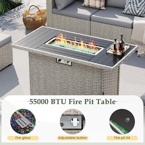 Outdoor Patio Furniture Set with Fire Pit 8 Pcs Wicker Sectional Sofa Grey - Image 3
