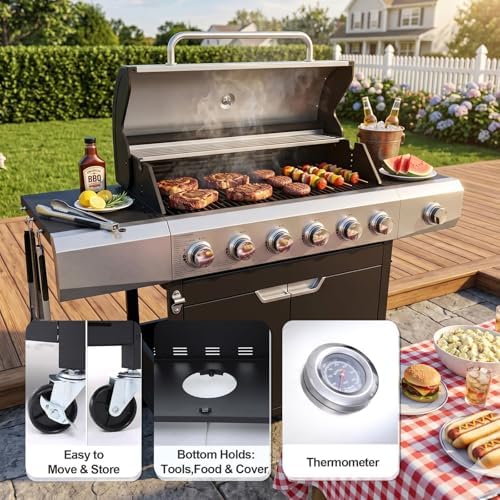 Endark 6-Burner Propane Gas Grill – 68,500 BTU Stainless Steel BBQ with Side Burner, Cast-Iron Grates & Wheels, Large Outdoor Cooking for Patio Backyard Garden - Image 6