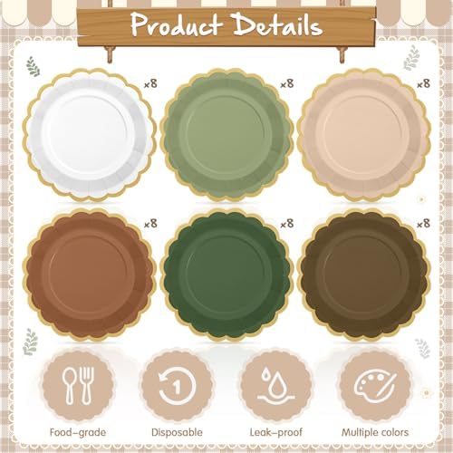 48 Pcs Woodland Green and Brown Paper Plates 9 Inch Gradient Scalloped Paper Disposable Dinner Dessert Plates for Birthday Wedding Bridal Party Supplies, 6 Colors - Image 4