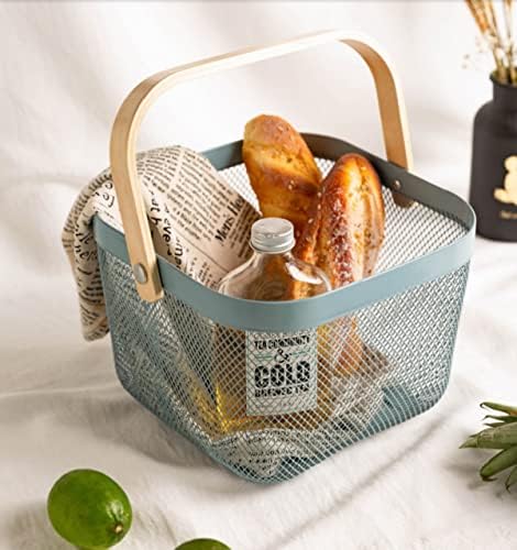 Mesh Steel Storage Organizer Basket Fruit Basket Bin with Wood Handle Ideal for Kitchen Bathroom Picnic Baskets Pantry Cabinets Storage Home Decor (Pink) - Image 6