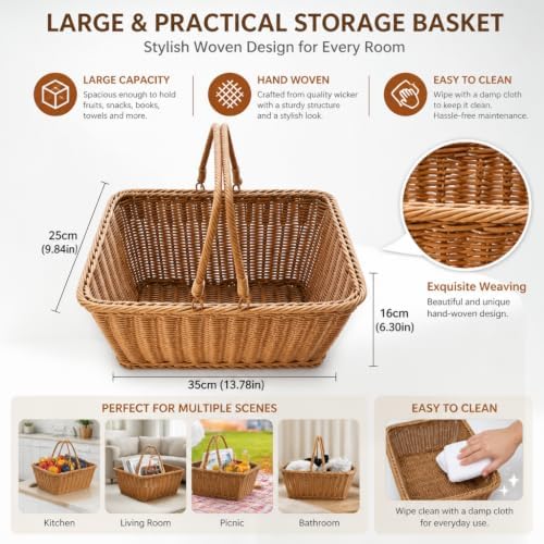 2‑Pack Large Poly Wicker Baskets, Handwoven PVC Picnic Storage with Handles - Image 3