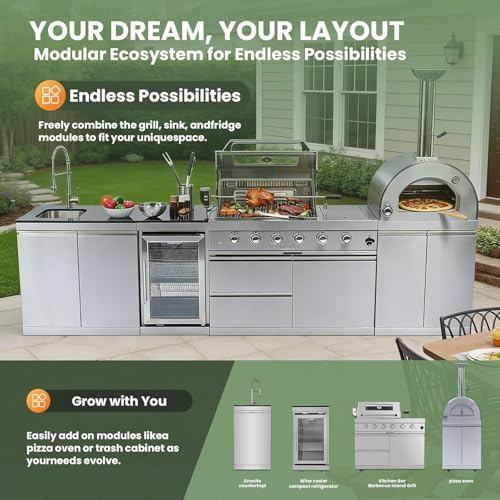 125" Outdoor Kitchen Island,Stainless Steel Natural Gas BBQ Grill with with Standalone Side Burner Pizza Oven, Rotisserie, Refrigerator, Granite Countertop, Storage Cabinets Drawers 108000 BTU. - Image 6