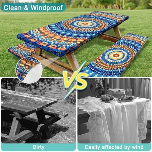 Picnic Table Cover with Bench Covers and Bag, Camping Essentials, Waterproof Windproof Camping Tablecloth, Fitted Tablecloth Cover with Elastic Edge for Indoor Outdoor 3 PCS 30x60 Inch - Image 5