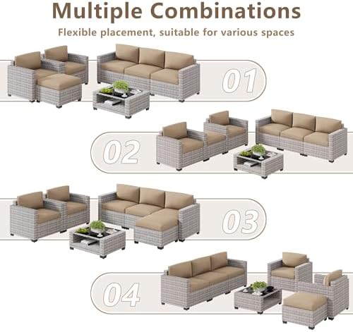 LOUVIXA 7 Piece Outdoor Patio Furniture Set, Rattan Chairs Glass Table Wicker Conversation Seating Sectional Sofa with Cushions (Grey White-Camel, 7Pcs-2 Layer Coffee Table) - Image 3