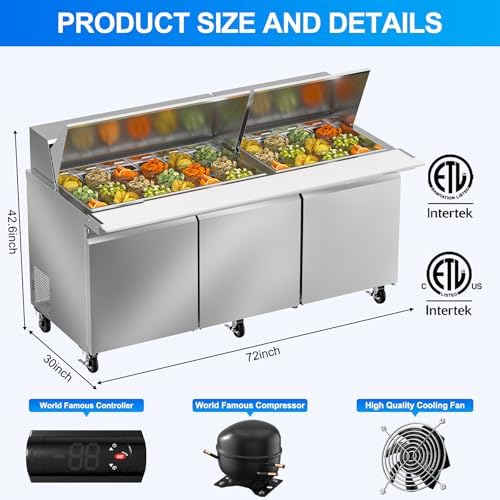 Rockitch 72" W Commercial Sandwich Prep Table Refrigerator 22 Cu.ft 30 Pans - Image 4