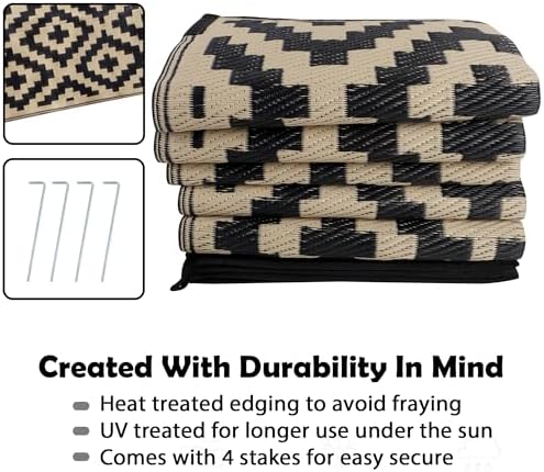 SAND MINE Waterproof Outdoor Rug 8x10 ft, Plastic Reversible Rug, Modern Area Rug, Large Floor Mat for Outdoors, RV, Patio, Backyard, Deck, Picnic, Beach, Camping, Black & Beige - Image 4