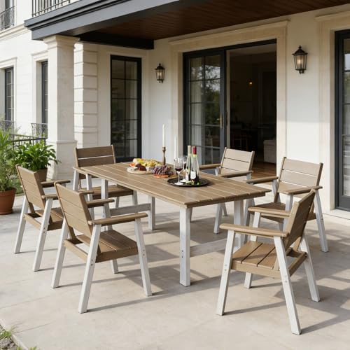 Outdoor Dining Set,7-Piece Patio Table and Chairs Set for 6, HDPE Outdoor Dining Table and Chairs with Umbrella Hole, All-Weather Patio Dining Furniture Set,White Brown - Image 7