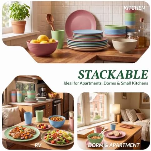 Homienly Kitchen Plates and Bowls Set 40 PCS Microwave and Dishwasher Safe Wheat Straw Dinnerware Sets Dish Sets for 8 Kitchen Plate Set for Camping, RV, Party, Apartment, Picnic, Kids-Multilight - Image 6