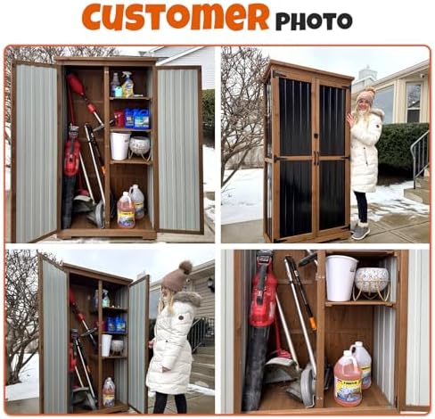 Outdoor Storage Cabinet with Shelves, Wood & Metal Storage Shed with Weatherproof Roof, Lockable Doors, Adjustable Feet, Outside Storage Cabinet for Garage, Patio (15.6" D x 32.3" W x 65.8" H) - Image 4