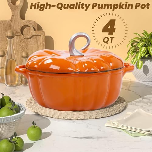 Pumpkin Enamel Cast Iron Dutch Oven 4 QT Cocotte Pot with Lid Dual Handles - Image 2