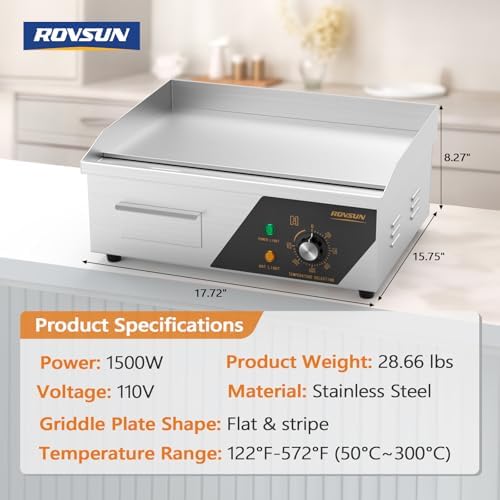 ROVSUN 18" Electric Countertop Flat Top Griddle, 1500W Electric Griddle, Teppanyaki Grill Stainless Steel with Adjustable Temperature Control 122°F-572°F for Commercial Home Restaurant, Plug - Image 6