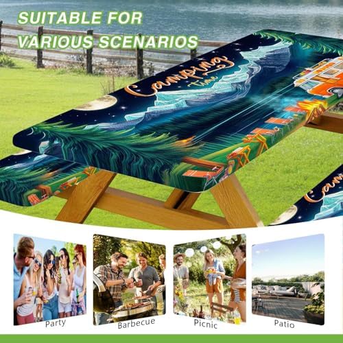 Picnic Table Cover with Bench Covers and Bag, Forest Mountain Lake Fitted Outdoor Table Covers, Camping Essentials, Windproof & Waterproof Tablecloth Cover with Elastic Edge, 3 PCS, 30x96 Inch - Image 3