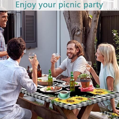 Sunflower Plaid Picnic Table Cover with Bench Covers and Bag, Camping Essentials, Checkered Floral Waterproof Windproof, Fitted Tablecloth Cover with Elastic Edge, Garden & Outdoor, 3 PCS, 30x96 Inch - Image 5