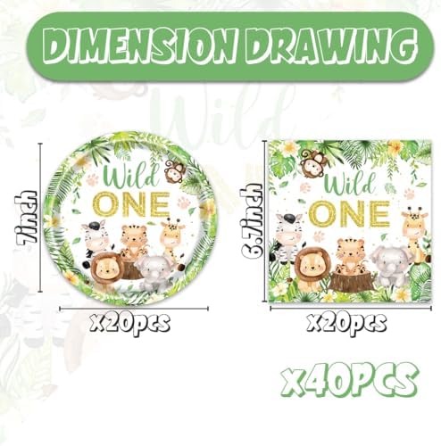 Egami 40pcs Wild One Party Supplies,include 20 Dessert plate and 20 Napkin,Jungle Animal Birthday Plate Napkin Set,Used for Baby shower Party Decoration - Image 2