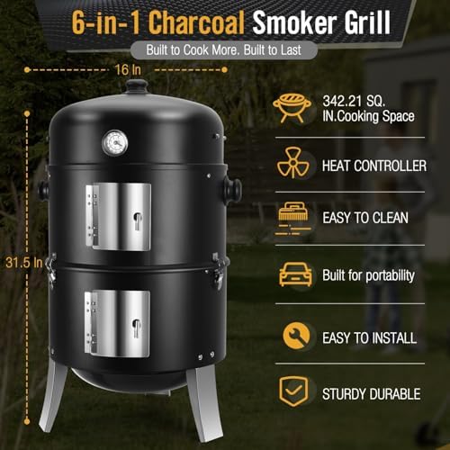 BBQ Charcoal Smoker for Meat: 16 Inch Heavy Duty 4 In 1 BBQ Charcoal Grills - Image 2