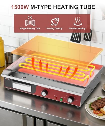 22" Commercial Electric Griddle 1500W, Flat Top Grill with 5-Min Reminder Timer, Adjustable Temp Control (122°F-572°F), Stainless Steel Countertop Griddle for Restaurant & Home Kitchen - Image 6