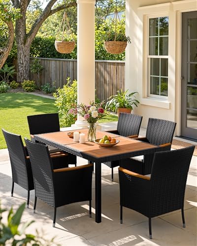 Flamaker Patio Dining Set for 6 Outdoor Acacia Wood Table and Chairs, Black - Image 2