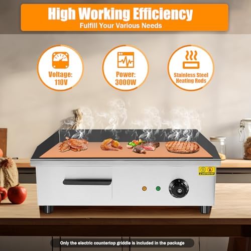 Commercial Electric Countertop Griddle, 110V 3000w Stainless Steel Teppanyaki Grill Indoor Outdoor, 3000W Countertop Flat Top BBQ Plate with 50-300℃ Adjustable Temp Control for Restaurant Snack Truck - Image 3