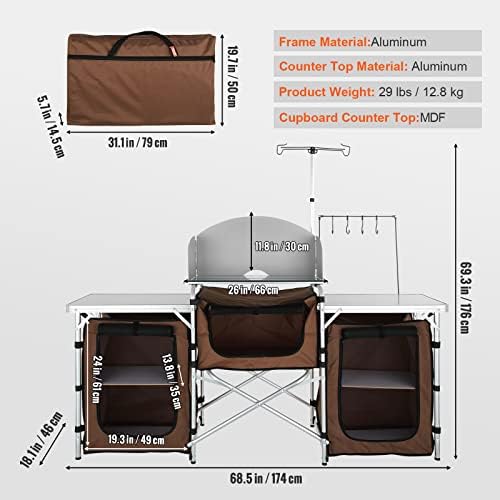 VEVOR Camping Kitchen Table, Folding Outdoor Cooking Table with Storage Carrying Bag, Aluminum Cook Station 3 Cupboard & Detachable Windscreen, Quick Set-up for Picnics, BBQ, RV Traveling, Brown - Image 3