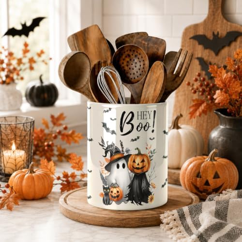 Halloween Cute Ghost Kitchen Utensil Holder, Pumpkin Talavera Large Ceramic Utensil Holder For Countertop Organizer, Summer 6.3'' Cooking Utensil Crocks Scarry Decor Utensil Storage Cup for Kitchen - Image 2