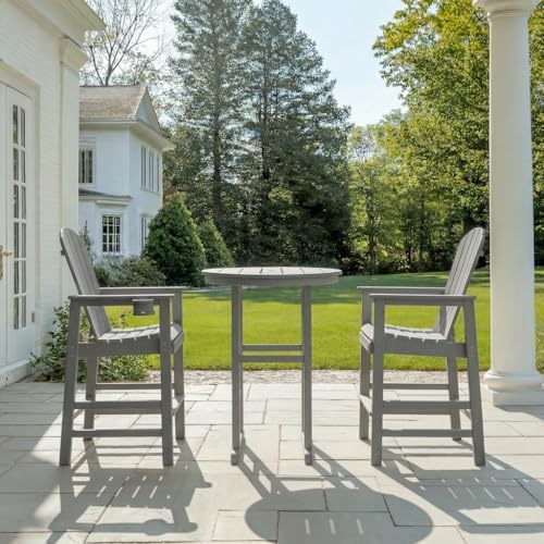 3-Piece Gray HDPE Indoor/Outdoor Bar Height Bistro Set, 31.1" Round Pub Table with 2 Bar Stools, All-Weather Patio Furniture for Balcony, Deck, Poolside & Coastal Use - Image 3