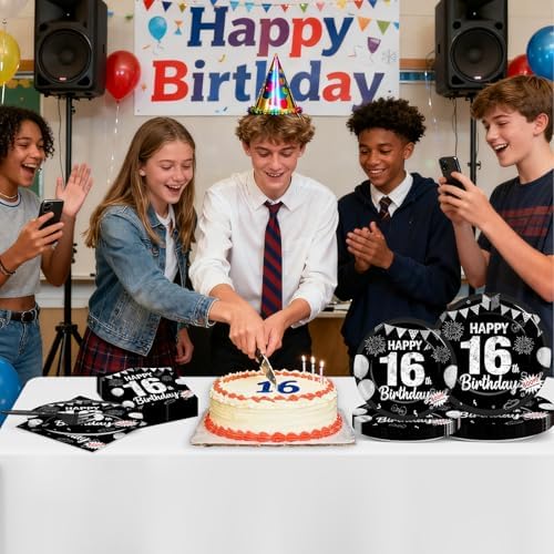 96PCS 16th Birthday Party Paper Plates and Napkins and Forks Set for Black sweet 16 Years Old Party Paper Plates Disposable Decor Happy 16th Parties Set for Kids Birthday Gatherings Decorations - Image 6