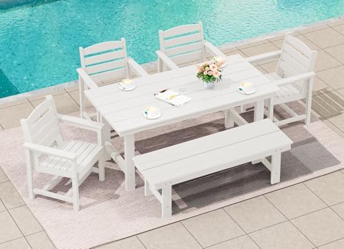 SERWALL Outdoor Dining Set, Patio Dining Set with Bench, White - Image 3