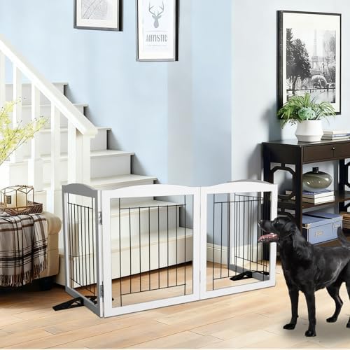 ZJSF Freestanding Dog Fence Indoor, Foldable Dog Gate for Doorways, Stairs or Hallways, Sturdy Wood Extra Wide Pet Gate with Support Feet for The House, White, 24 "Height-3 Panels - Image 3