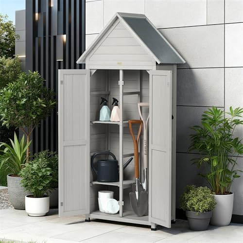 Outdoor Storage Shed with Floor & Adjustable Shelves, Wooden Garden Tool Cabinet Weatherproof, 71" Vertical Patio Organizer - Image 6