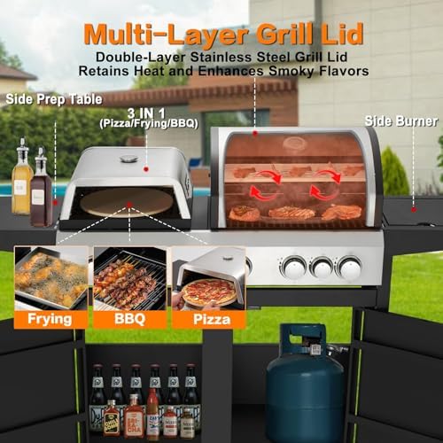3 IN 1 Pizza Griddle Grill Combo, 74,000 BTU 5-Burner Stainless Steel Propane Gas Grill with Side Burner, Porcelain Enameled Cast Iron Grates, Griddle & Pizza Oven for Outdoor Patio Backyard - Image 3