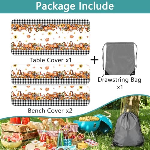 Fall Picnic Table Cover with Bench Covers, Camping Essentials, Buffalo Plaid Thanksgiving Pumpkin Waterproof Windproof, Fitted Tablecloth Cover with Elastic Edge, Indoor & Outdoor, 3 PCS, 30x72 Inch - Image 5