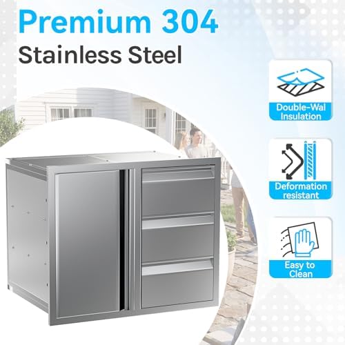 EROMMY Outdoor Kitchen Drawer and Door Combo - 28" W x 20" Dx 23" H Built-in 304 Stainless Steel Cabinet with 3-Tier Triple Drawers & Storage Access Door for BBQ Island & Grill Station - Image 5