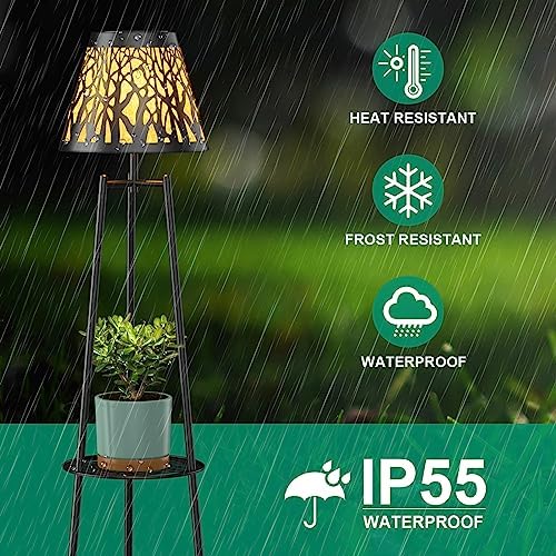 MXwcy 2-Tier Solar Plant Stand with Light, Outdoor Waterproof Floor Lamp with Tree Branch Cutout Lampshade, Tall Metal Planter Holder Display Rack for Patio, Porch, Garden, Balcony Decor (2 Pack) - Image 6