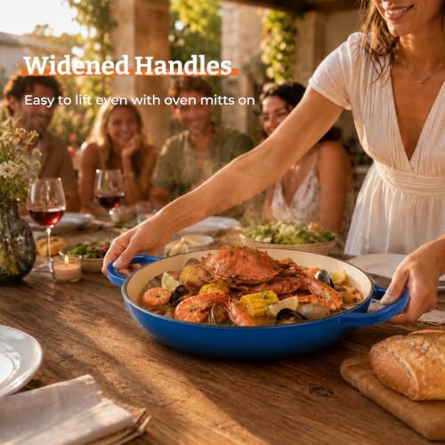 Parmedu Cast Iron Dutch Oven, 3.8 Quart, Blue, Shallow Braiser & Casserole - Image 7