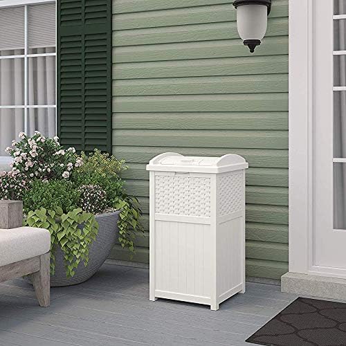 Suncast Hideaway Outdoor Trash Can with Lid - 30 Gallon Trash Can, White, Decorative Wicker-Style Garbage Bin, Weather-Resistant Resin, Fits 30-33 Gallon Bags, Ideal for Patio & Yard, Made in USA - Image 5