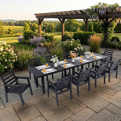 12-Piece Outdoor Dining Set, All-Weather HDPE Patio Furniture, Two 66.5" Slatted Table with 1.6" Umbrella Hole & 10 Ergonomic Armchairs, Heavy Duty 350lbs Capacity, UV Resistant, Black by Unknown