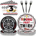 96PCS Race Car Themed 3rd Party Paper Plates and Napkins and Forks Set Young Fast Three Party Tableware Racing Checkered Flag Disposable Dinnerware for Kids Birthday Gatherings Decorations by Oitnlaughter