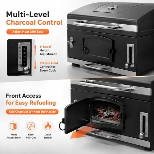30in Built in Charcoal Grill for Outdoor Kitchen Island, Heavy Duty Large Barbecue Grills with Liftable Tray, Insulated Hood & Temp Gauge Drop-in BBQ Barrel Grill for Family Parties Patio Cooking - Image 4