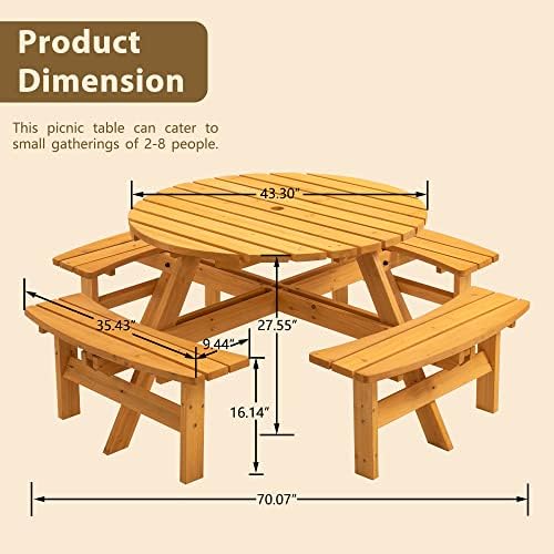 8 Person Wooden Picnic Table, Outdoor Camping Dining Table with Seat, Garden, DIY w/ 4 Built-in Benches, 2220lb Capacity - Natural - Image 2