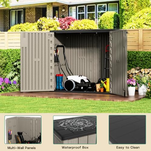 KINYING Outdoor Horizontal Storage Sheds,Outdoor Storage Cabinet Waterproof Resin Tool Storage Box for Lawn Mower,Garden Tools and Patio Furniture, Lockable (Brown) - Image 3