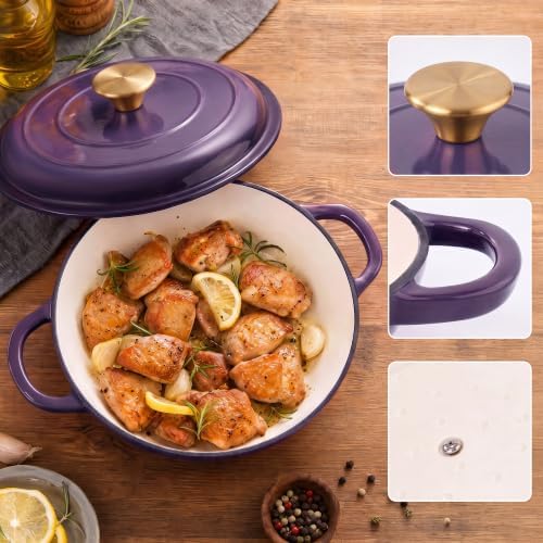 Dutch Oven Enameled Cast Iron with Lid - Big Dual Handles - Oven Safe up to 500°F - Classic Round Pot for Versatile Cooking 3 QT Shallow Pot Purple - Image 3