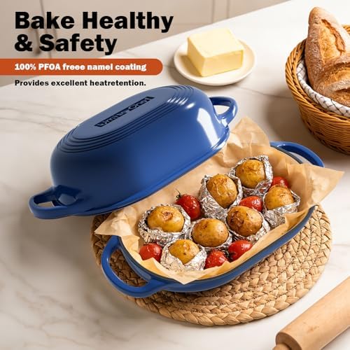 Enameled Cast Iron Dutch Oven for Bread Baking - incl. Sourdough Bread-Baking Supplies like Banneton Bread-Proofing Basket - 5QT Loaf Cast Iron Bread Oven Pan with Lid Meatloaf Pan with Lid, Sour Sough Tools, Lame(Blue） - Image 6